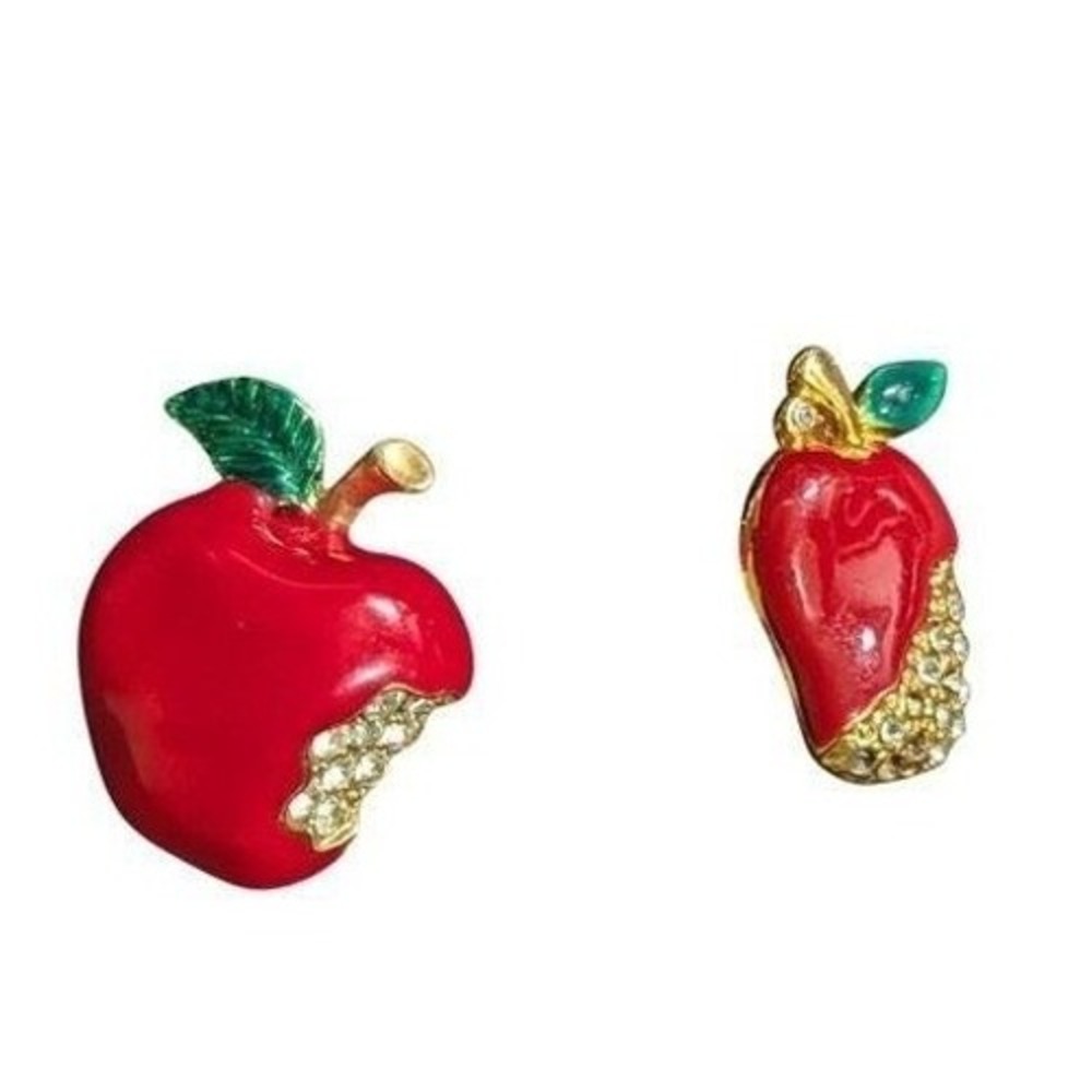 Red Apple Enamel Pin Set Rhinestone Accented Gold‎ Tone Fruit Brooches 2pc